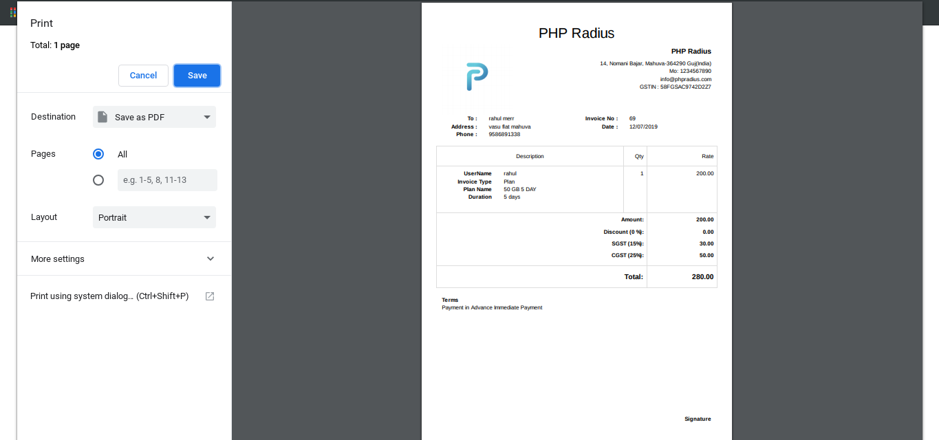 Print Invoice On Admin Portal